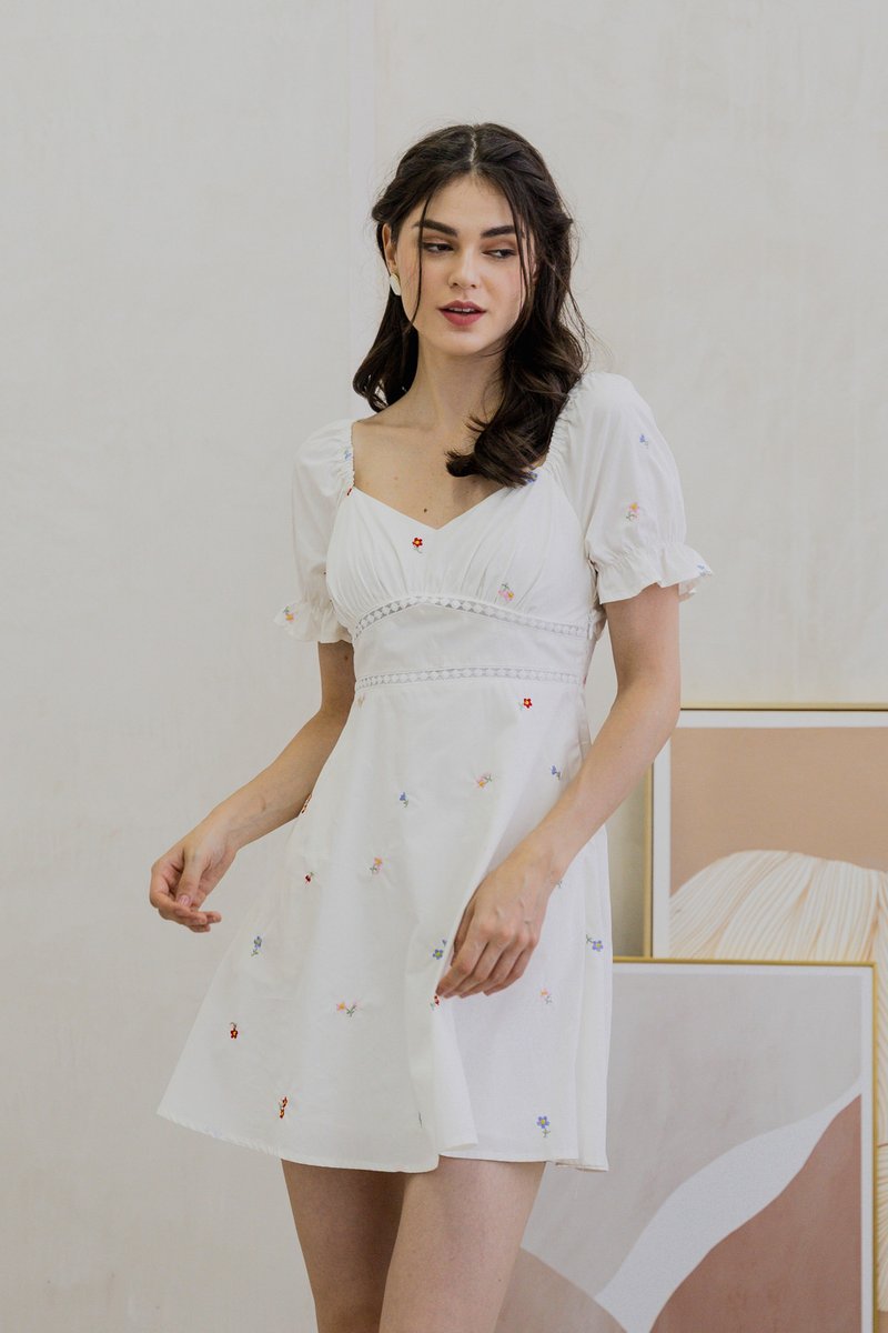 Brynn Mini Floral Embroidery Empire Waist Dress In White (XS)