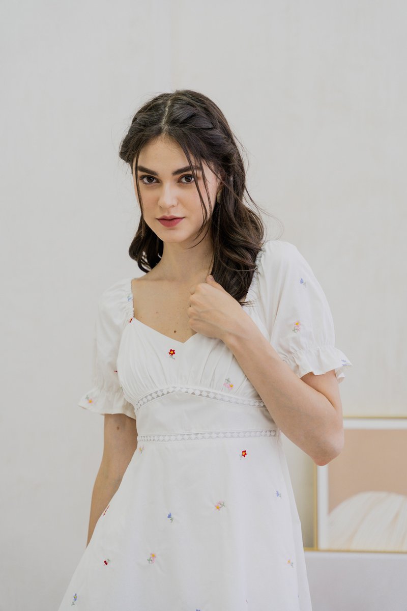 Brynn Mini Floral Embroidery Empire Waist Dress In White (XS)