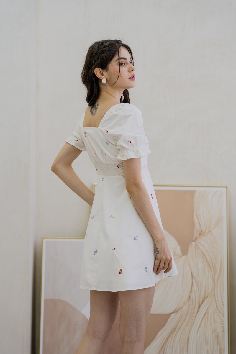 Brynn Mini Floral Embroidery Empire Waist Dress In White (XS)