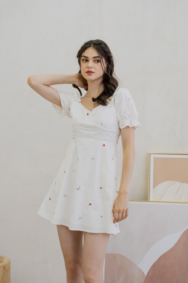 Brynn Mini Floral Embroidery Empire Waist Dress In White (XS)