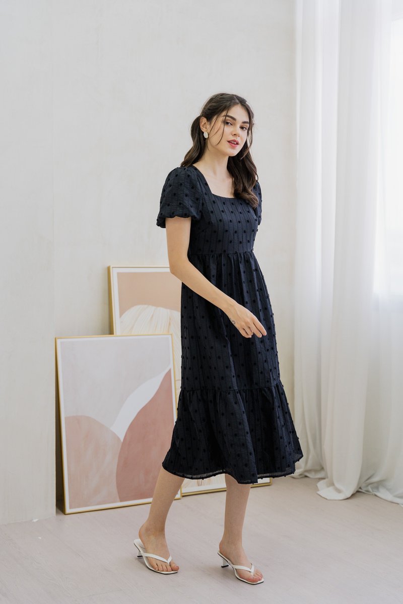 Clea Textured Swiss Dots Midi Dress In Black (XS)