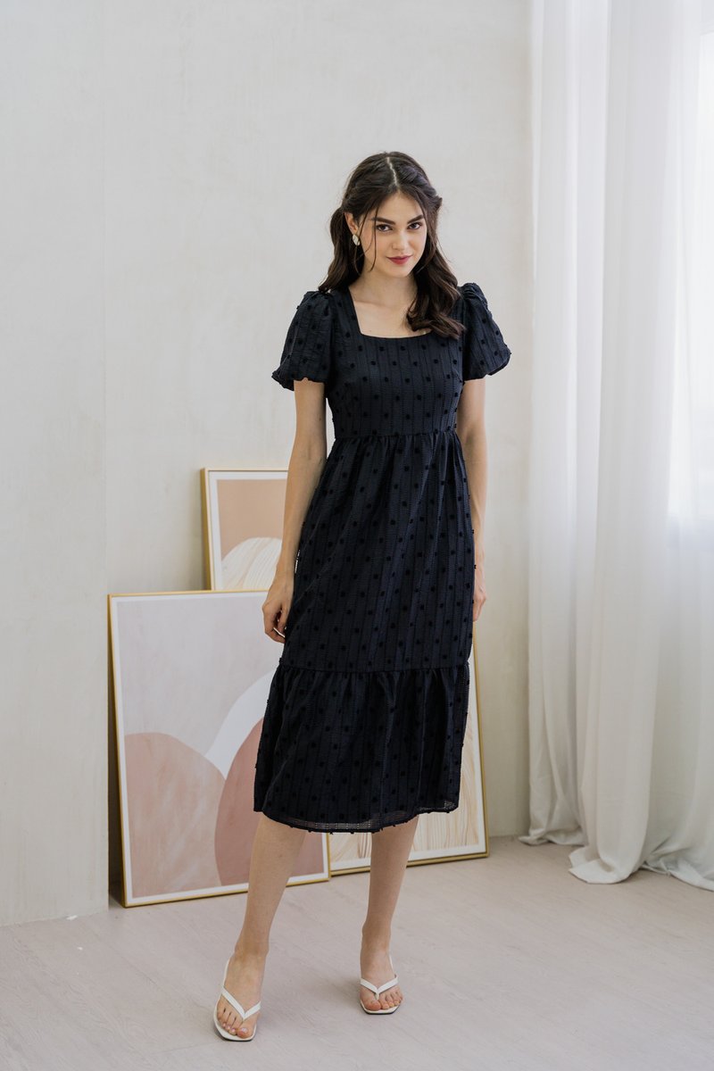 Clea Textured Swiss Dots Midi Dress In Black (XS)