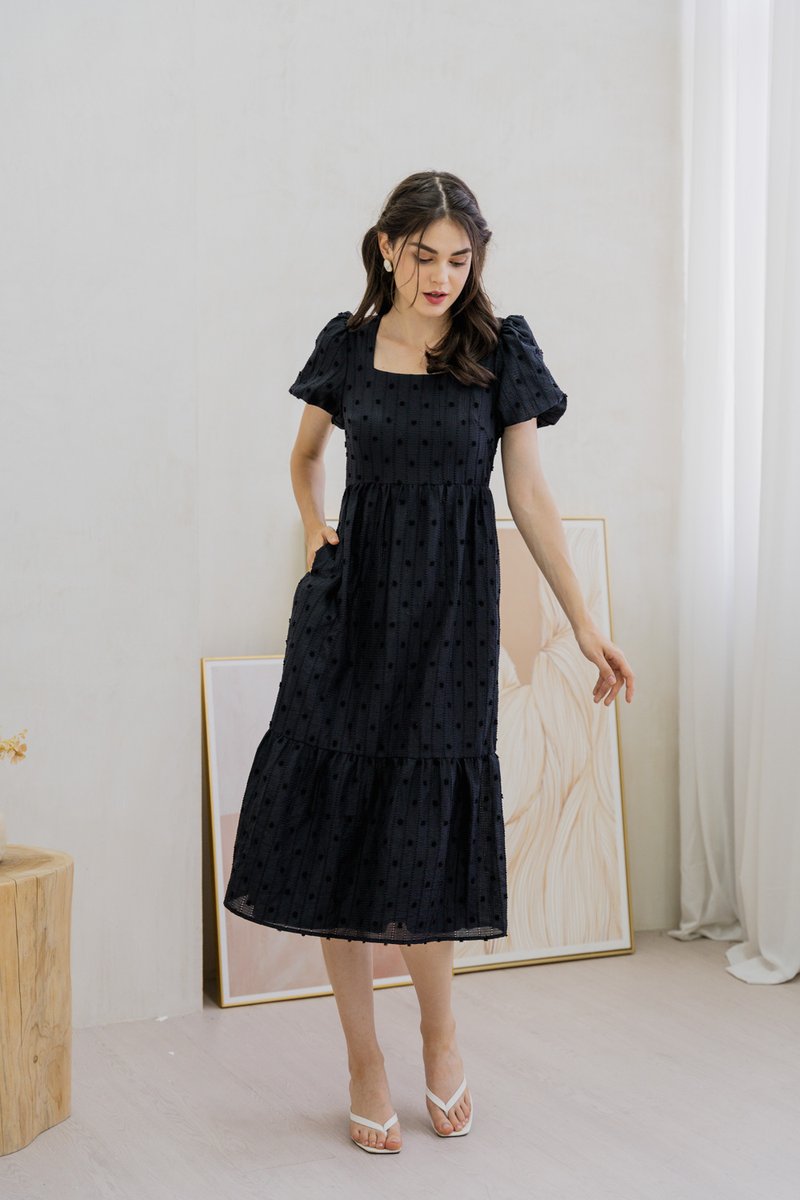 Clea Textured Swiss Dots Midi Dress In Black (XS)