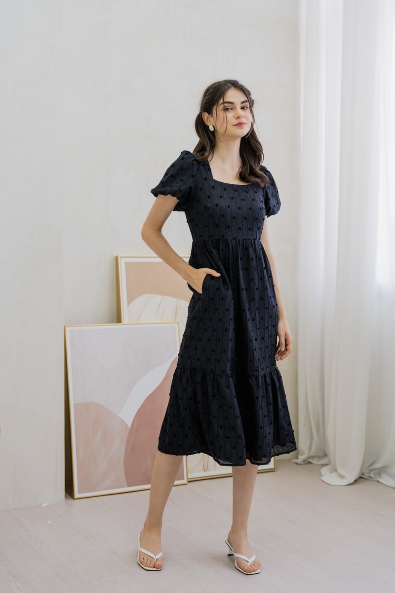 Clea Textured Swiss Dots Midi Dress In Black (XS)
