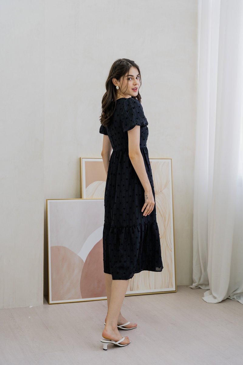 Clea Textured Swiss Dots Midi Dress In Black (XS)