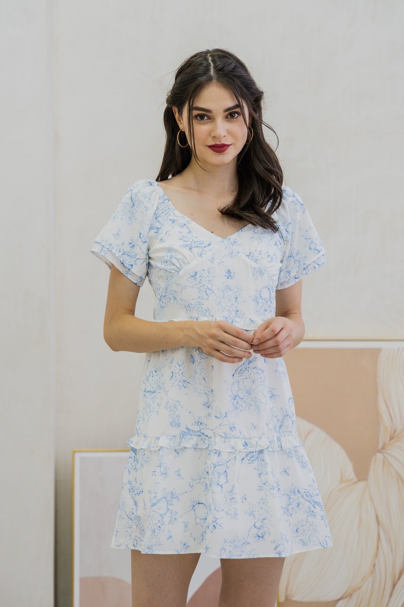 Emerie Porecelain Floral Dress In Blue (XS)