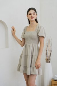 Sersha Smocked Tier Dress In Muted Sage (XS)