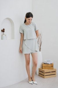 Ronda Layered Sleeved Romper In Sage