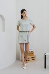 Ronda Layered Sleeved Romper In Sage