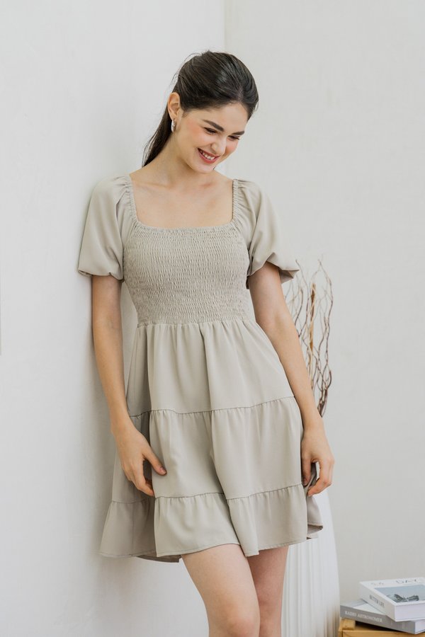 Sersha Smocked Tier Dress In Muted Sage (XS)