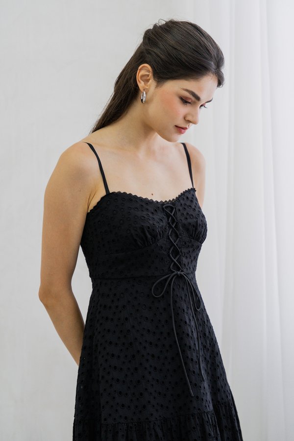 Esora Eyelet Ribbon Camisole Dress In Black (XS)