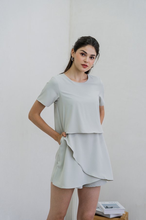 Ronda Layered Sleeved Romper In Sage