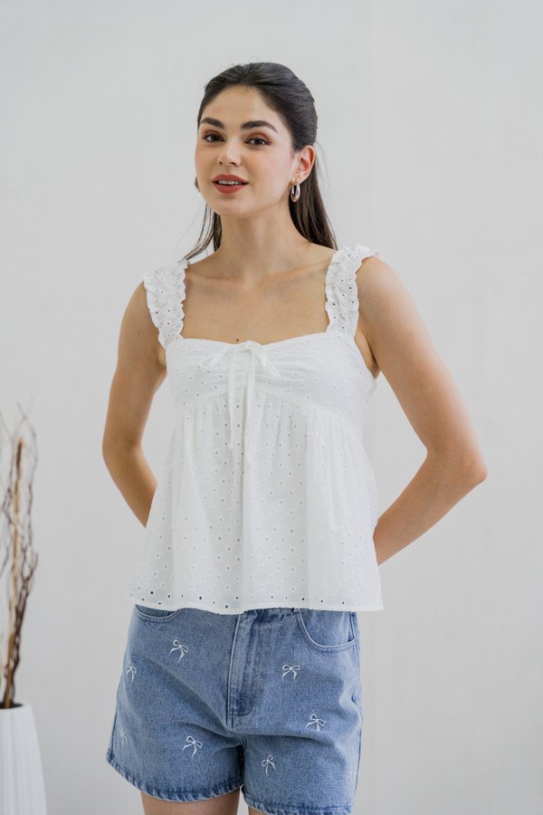 Crishelle Eyelet Ribbon Top In White (XL)