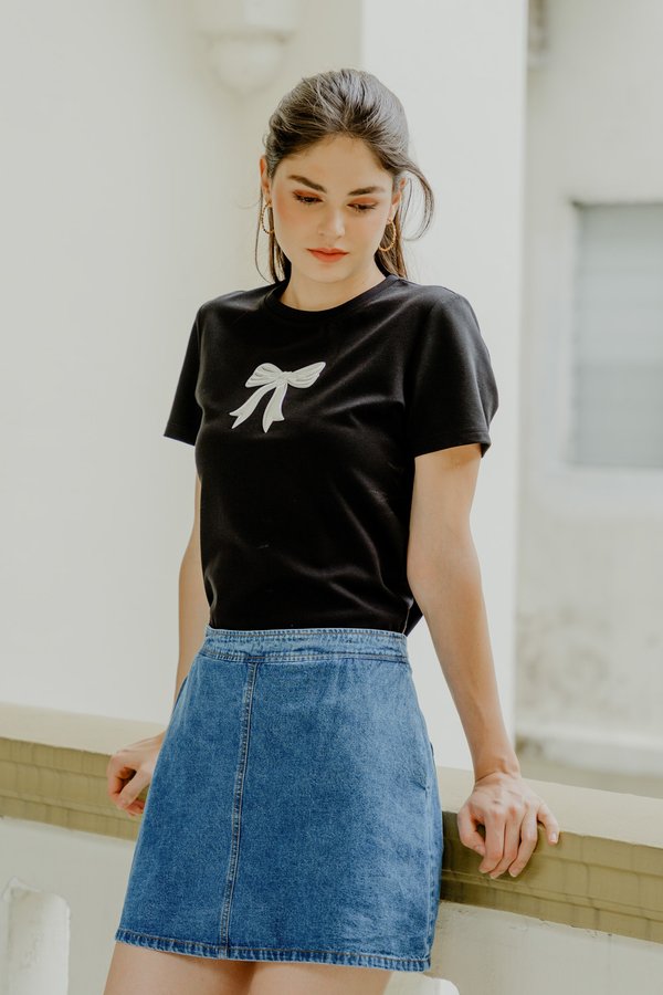 Inez Ribbon Cotton Top In Black(XL)