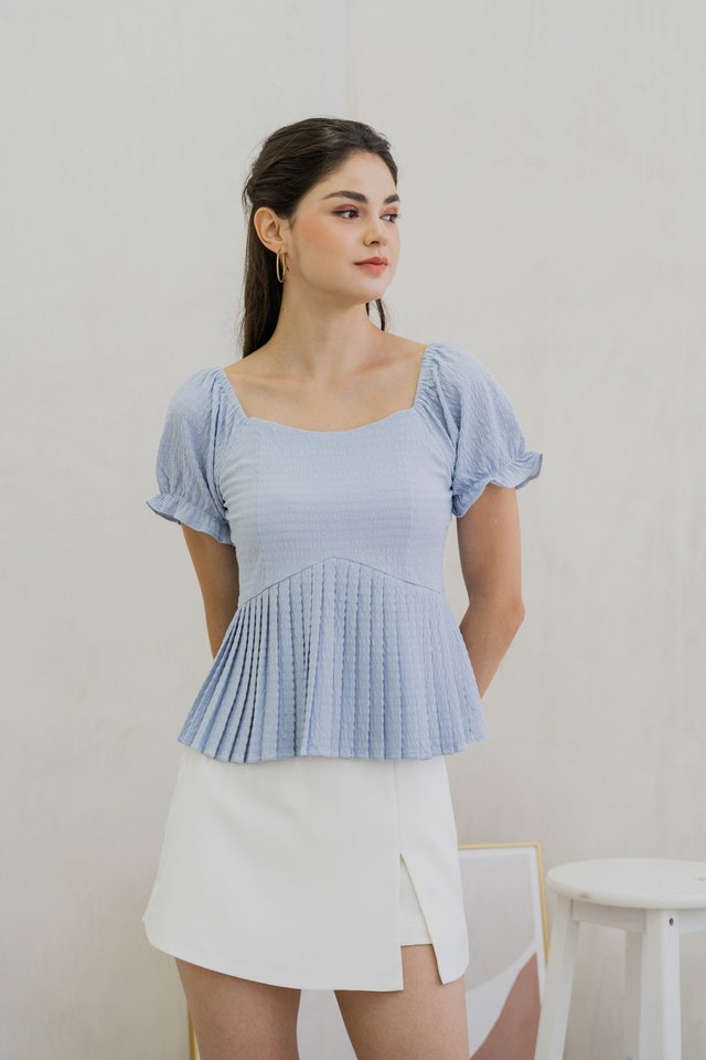 Luciana Textured Pleated Top in Powder Blue
