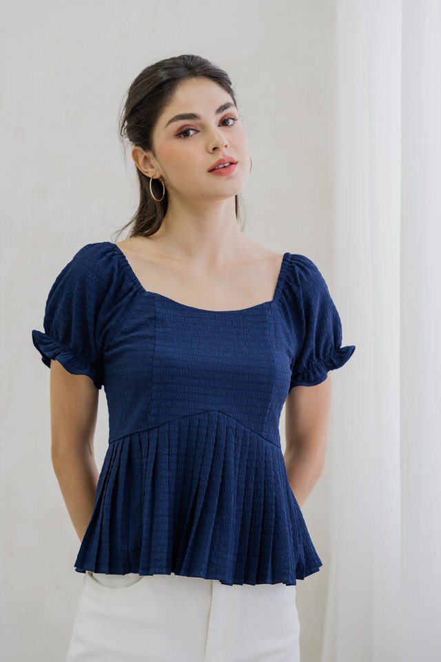Luciana Textured Pleated Top in Navy
