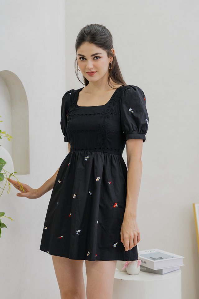 Brynn Mini Floral Embroidery Eyelet Dress In Black (XS)