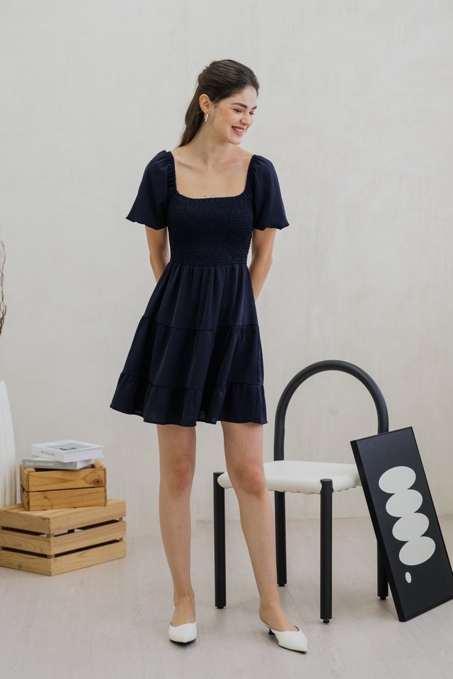 Sersha Smocked Tier Dress In Navy