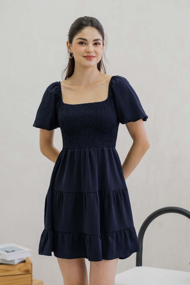 Sersha Smocked Tier Dress In Navy