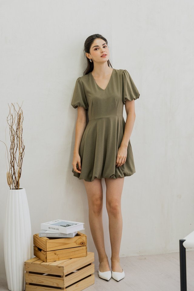 Belva Bubble Hem Dress In Olive 