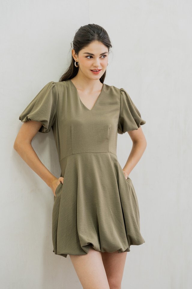 Belva Bubble Hem Dress In Olive 
