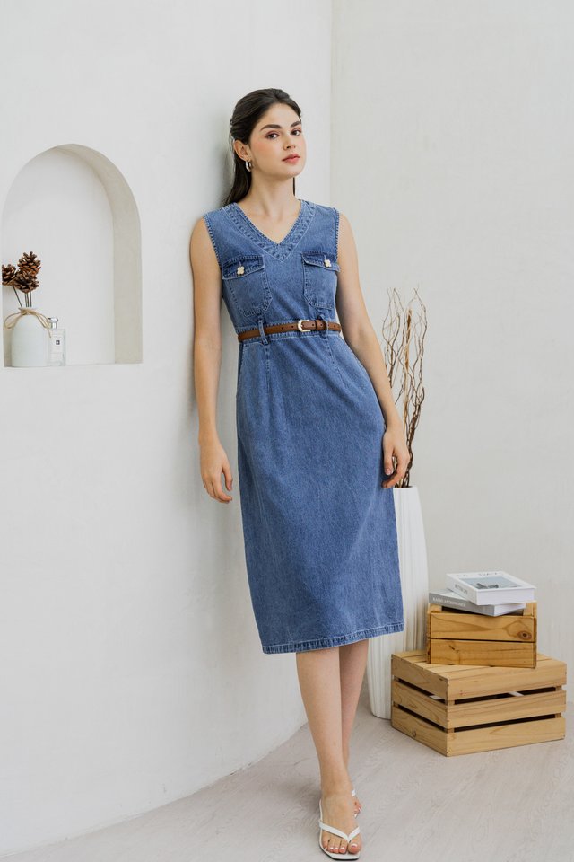 Clarice Clover Button Denim Midi Dress