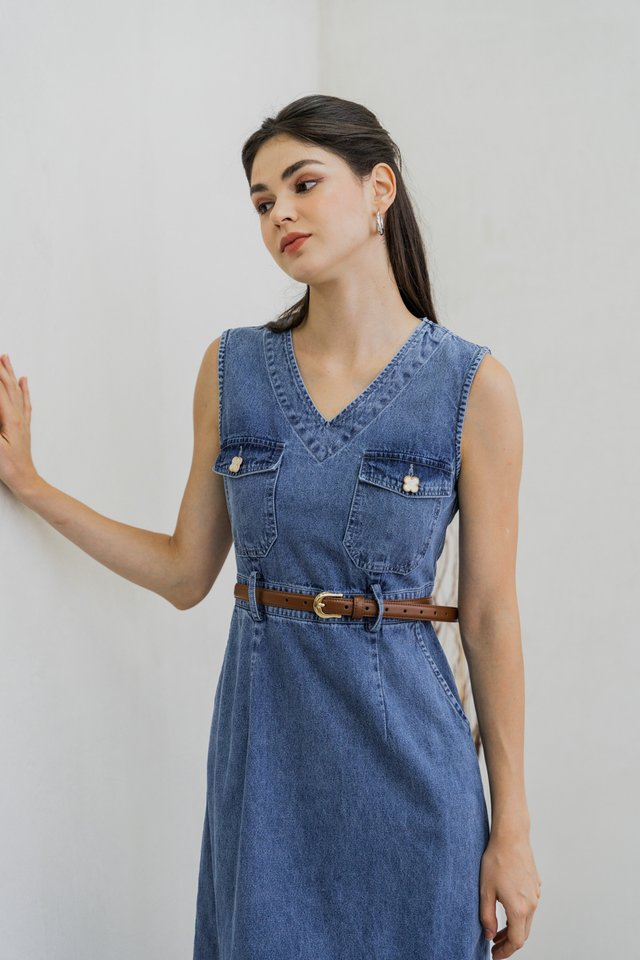Clarice Clover Button Denim Midi Dress