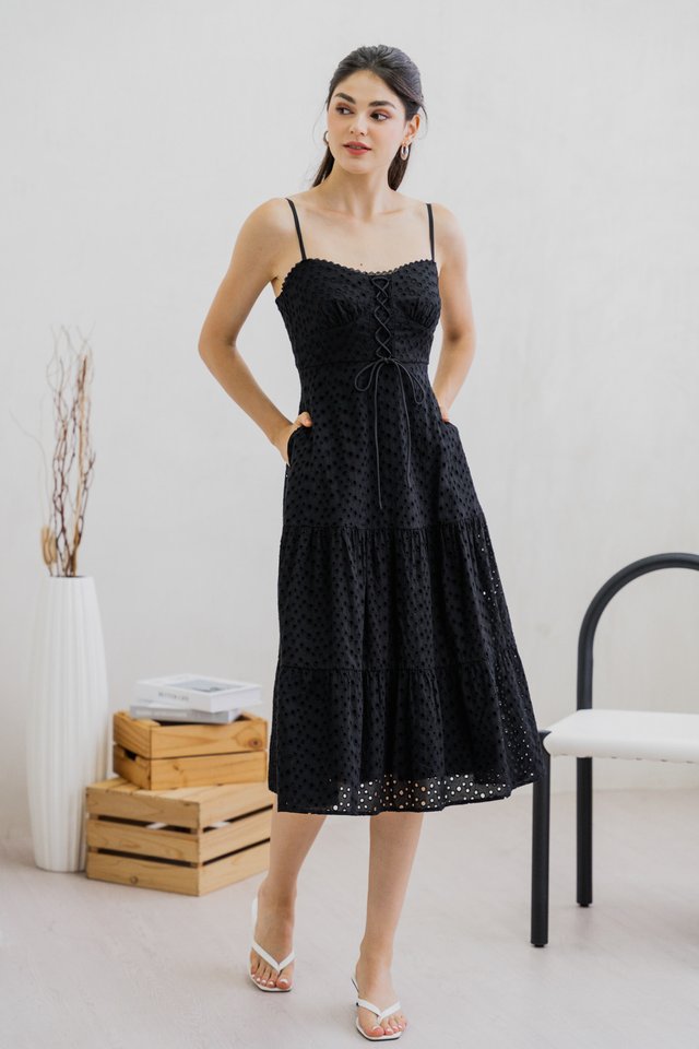 Esora Eyelet Ribbon Camisole Dress In Black