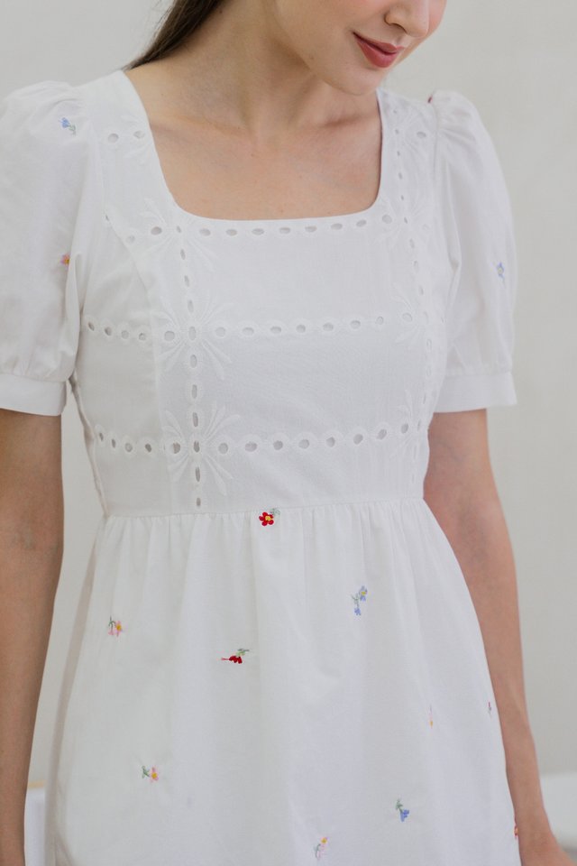 Brynn Mini Floral Embroidery Eyelet Dress In White