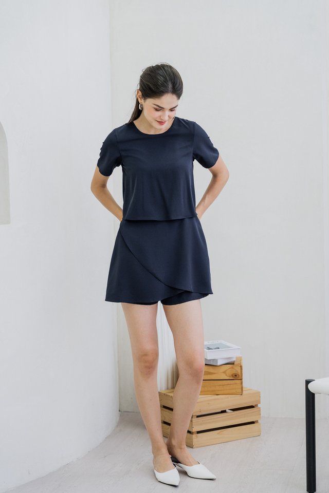 Ronda Layered Sleeved Romper In Navy