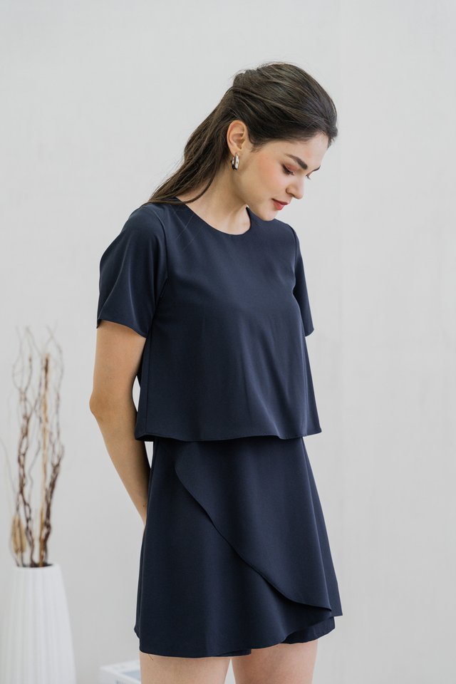 Ronda Layered Sleeved Romper In Navy