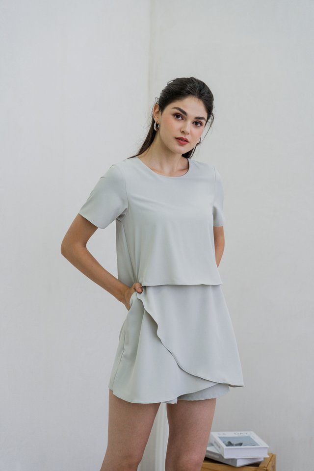 Ronda Layered Sleeved Romper In Sage