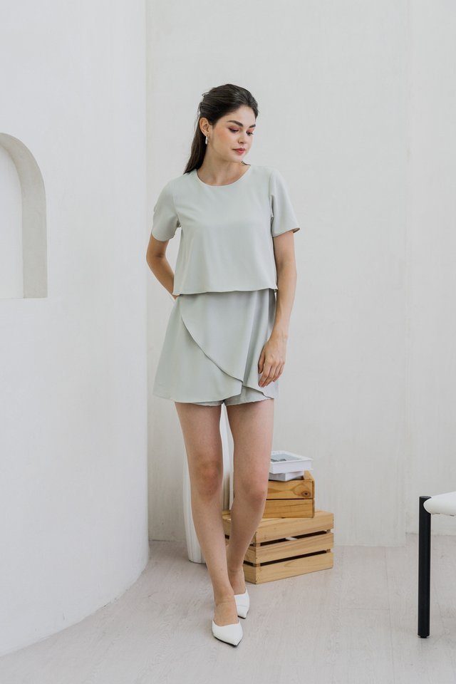 Ronda Layered Sleeved Romper In Sage