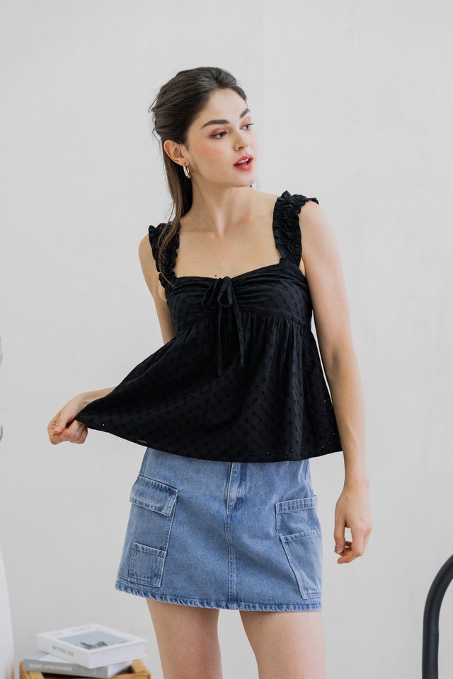 Crishelle Eyelet Ribbon Top In Black