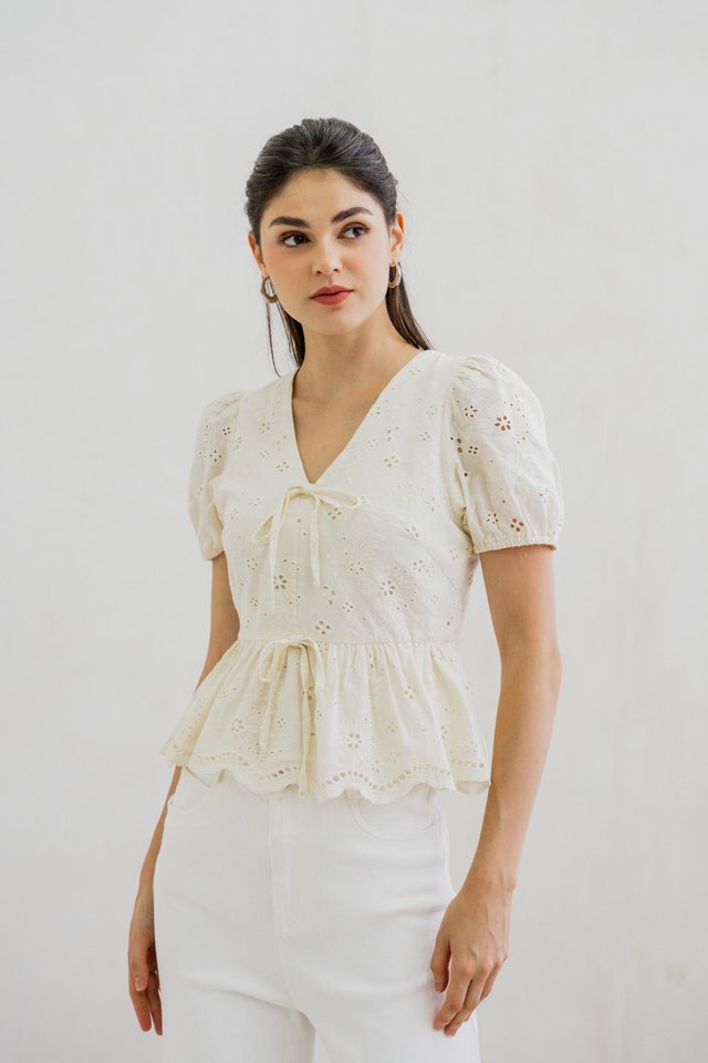 Ela Eyelet Ribbon Top In Cream