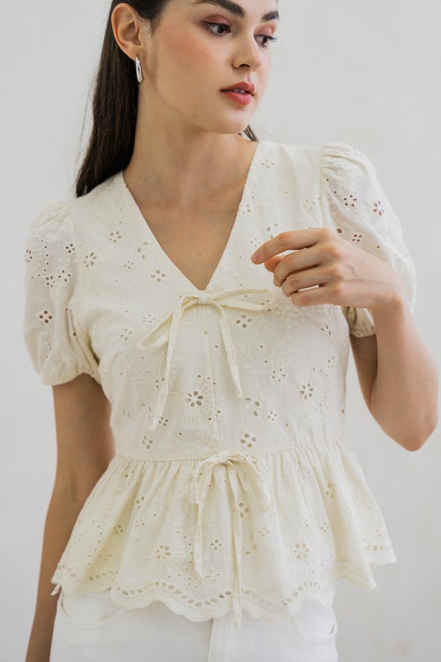 Ela Eyelet Ribbon Top In Cream