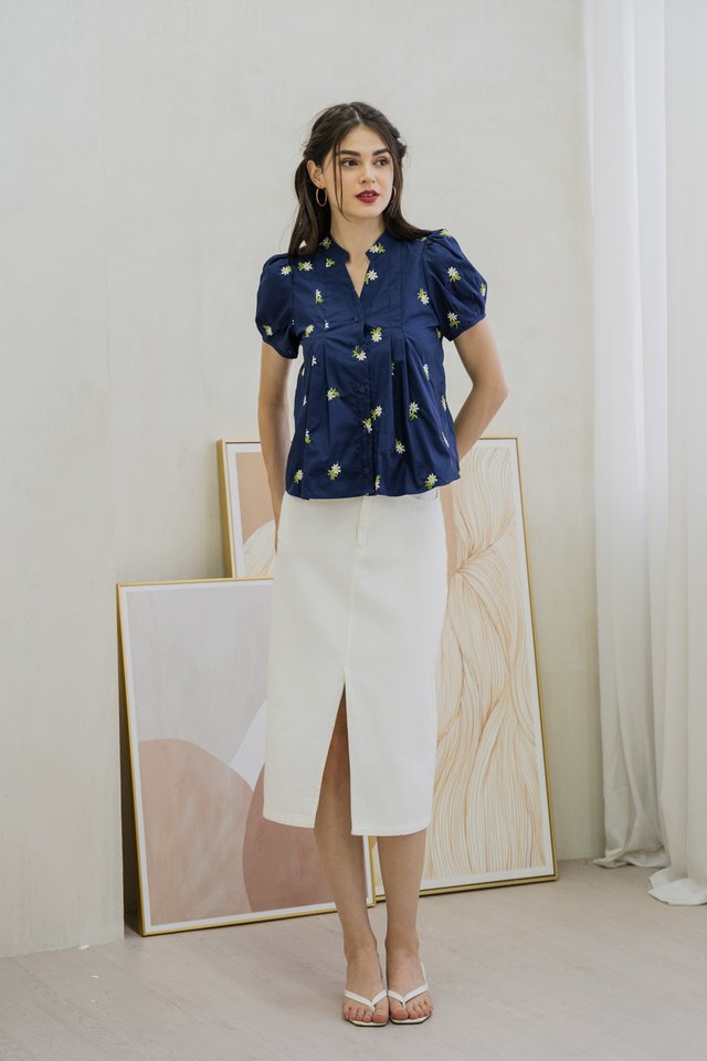 Sierra Embroidery Button Top in Navy