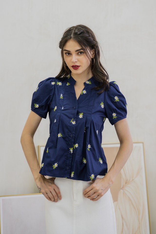 Sierra Embroidery Button Top in Navy