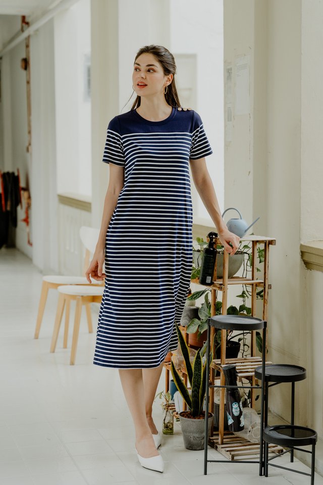 Karen Cotton Stripes Midi Dress In Navy