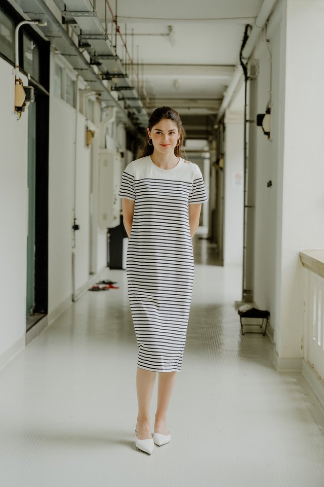 Karen Cotton Stripes Midi Dress In White