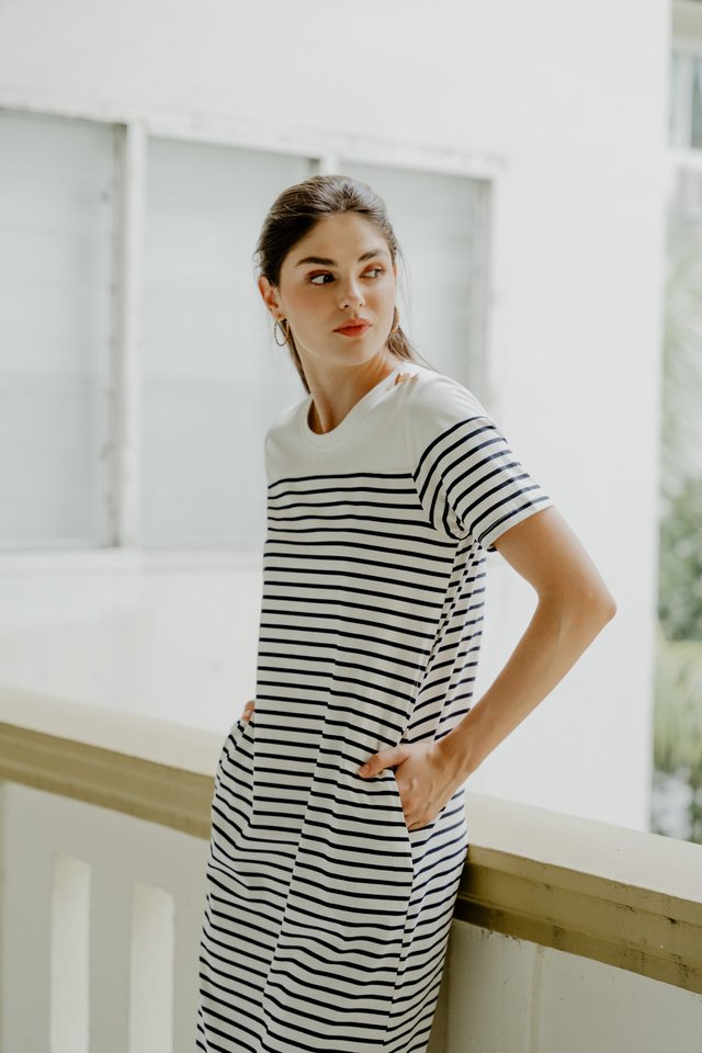 Karen Cotton Stripes Midi Dress In White