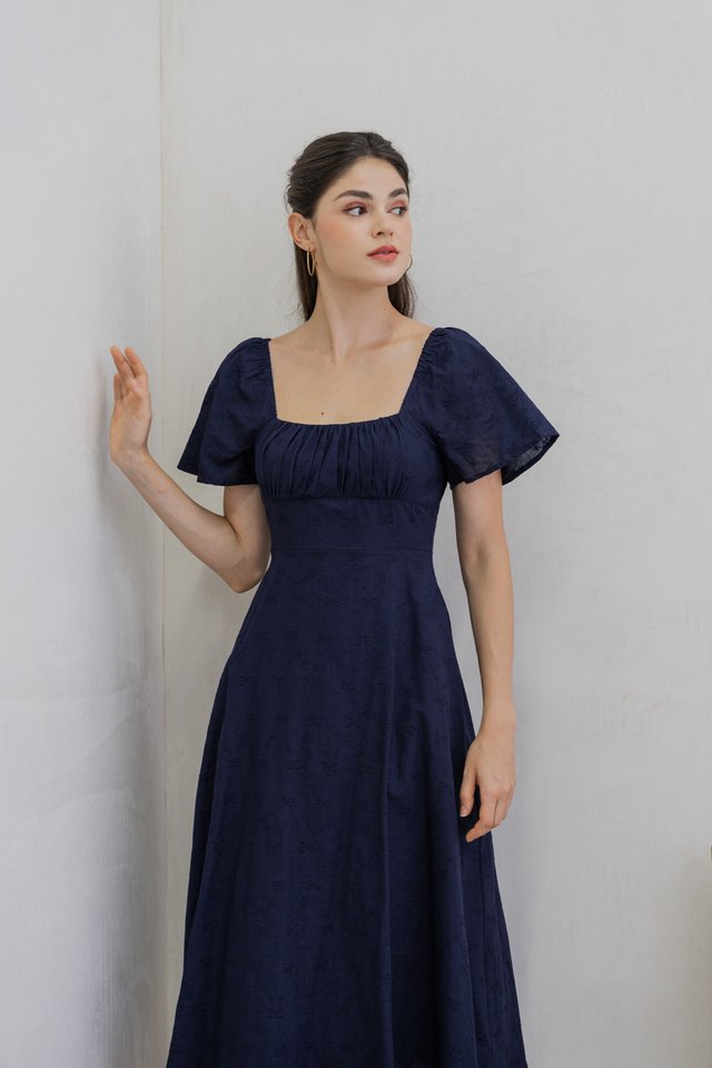 Avril Ribbon Embroidered Maxi Dress In Navy (XS)