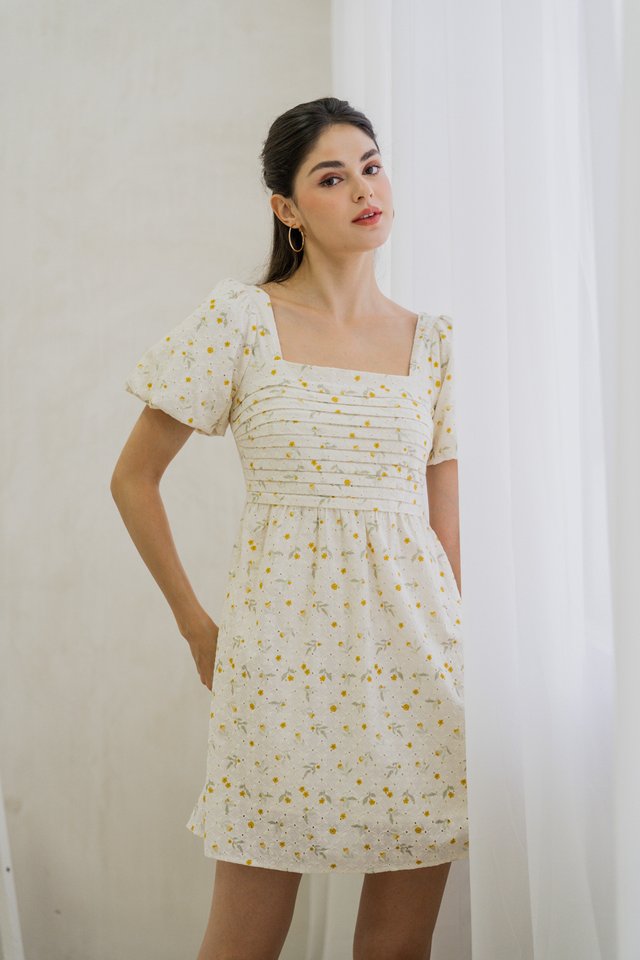 Brena Pleated Eyelet Dress In Cream