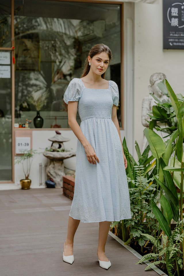 Sana Smocked Swiss Dot Maxi Dress In Light Blue
