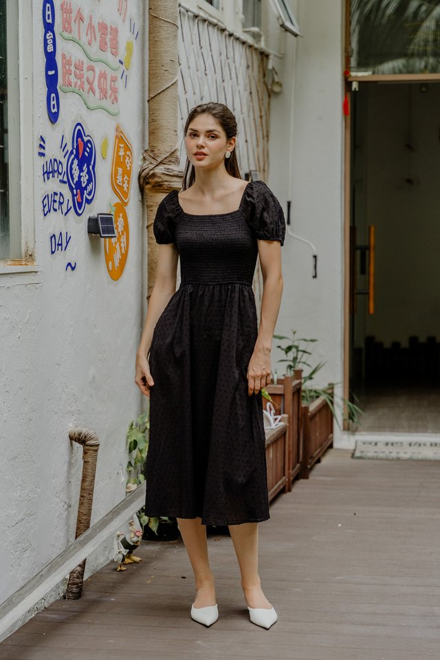 Sana Smocked Swiss Dot Maxi Dress In Black