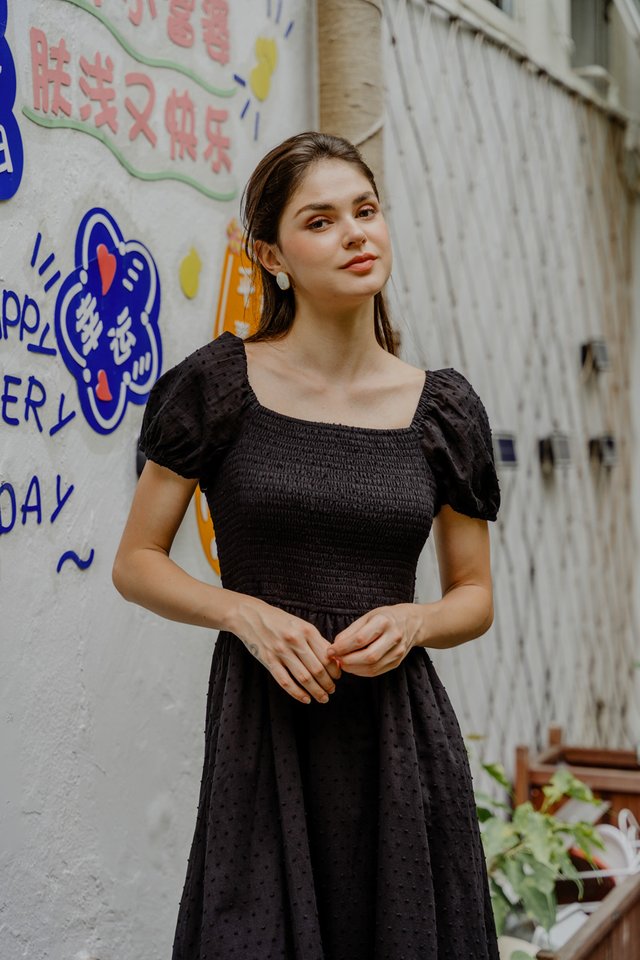 Sana Smocked Swiss Dot Maxi Dress In Black