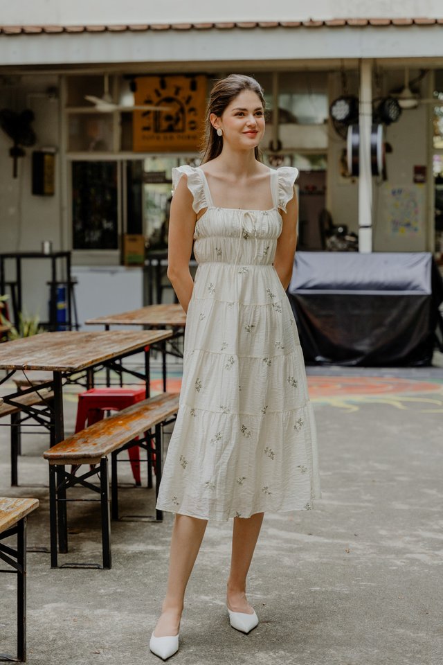 Emilia Embroidered Tiered Midi Dress In Cream