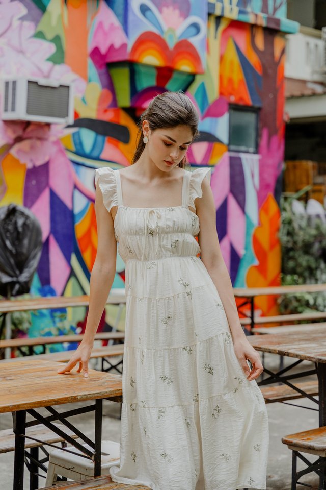 Emilia Embroidered Tiered Midi Dress In Cream