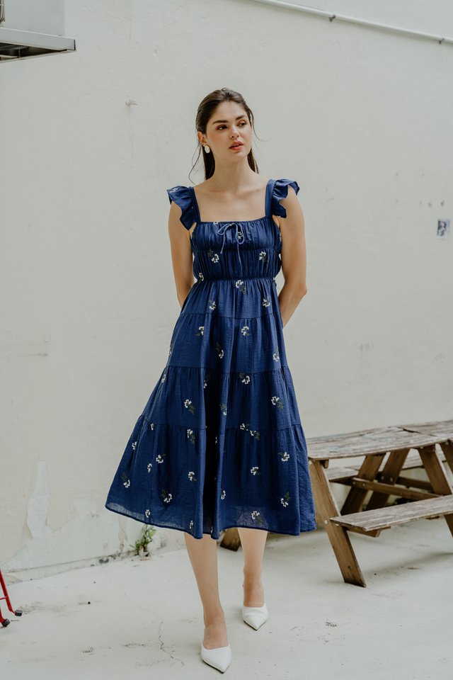 Emilia Embroidered Tiered Midi Dress In Navy