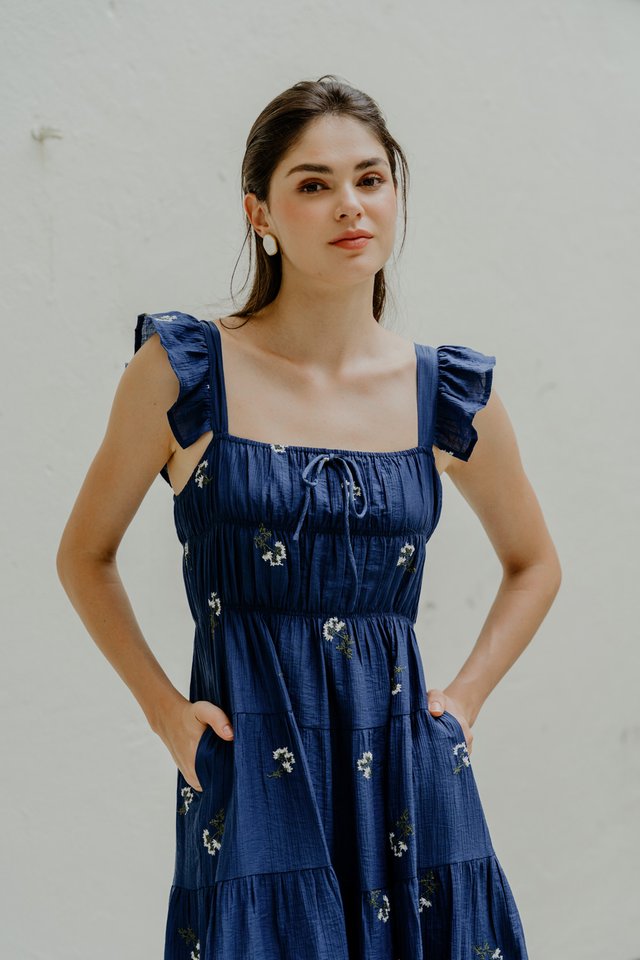Emilia Embroidered Tiered Midi Dress In Navy